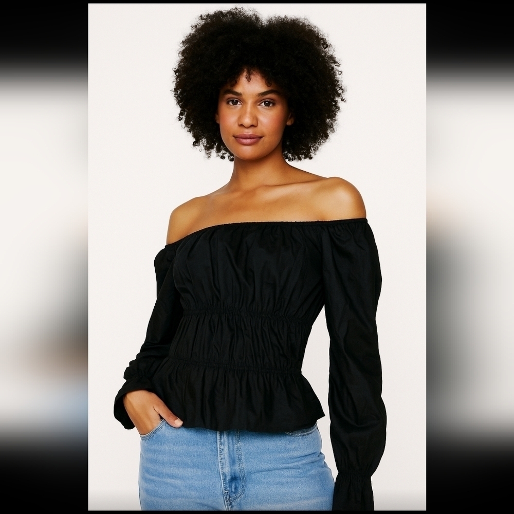 Nast Gal Womens Black Off Shoulder Ruched Long Sleeve Chic Party Top Blouse 10